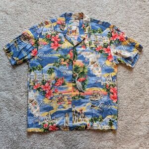 Paradise Found Florida Souvenir Hawaiian Shirt Mens Medium Blue Tropical Rayon
